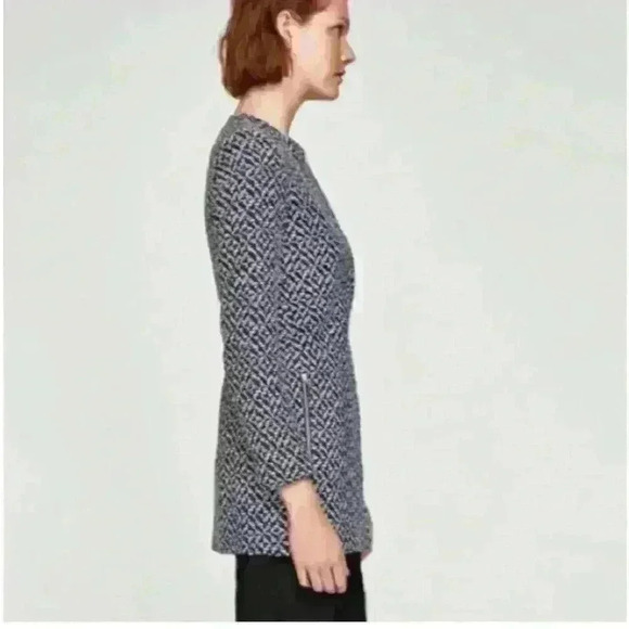 Zara Classic Minimalist Tweed Blue White Zip Up Peacoat Women’s Size Small - Picture 5 of 10